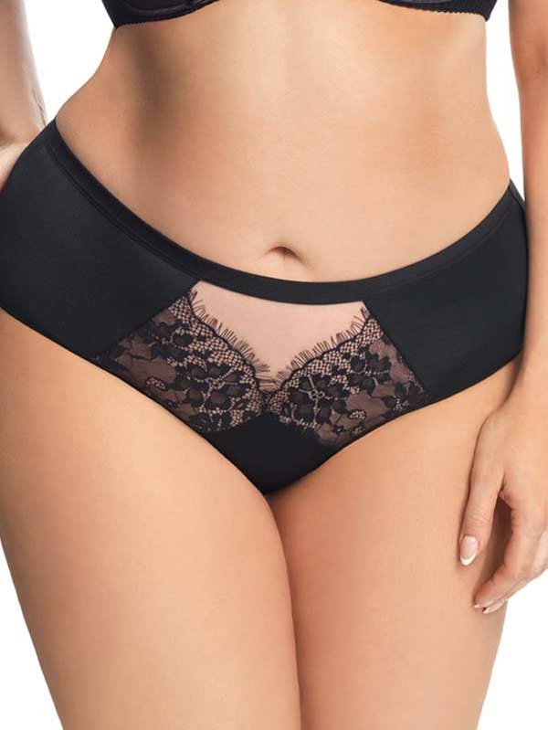 Pełne czarne figi z ozdobnymi wstawkami Gorsenia K648 ALICANTE