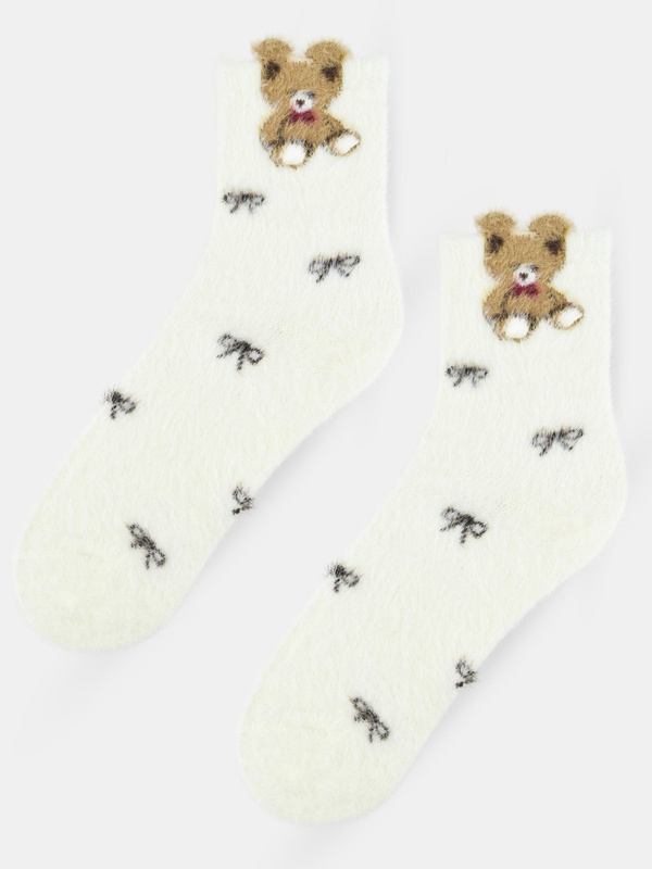 Puchate Skarpetki z misiem i kokardkami SP006 ecru - Noviti