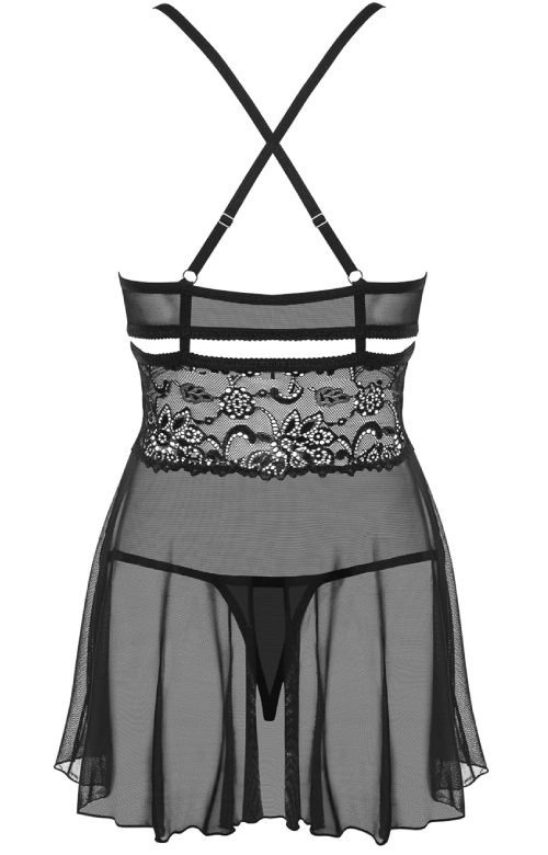 Czarny koronkowy komplet damski luźna koszulka ze stringami Obsessive 838-BAB-1