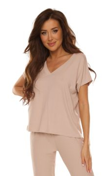 Luźna bluzka damska z dekoltem V De Lafense Vendy 774 w kolorze piaskowym