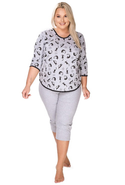 Szara bawełniana piżama damska ze wzorem w kotki Mewa Kitty