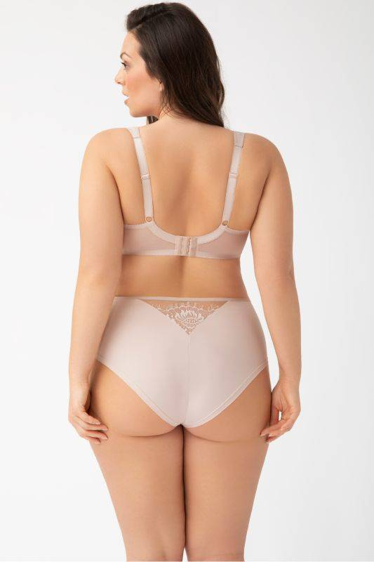 Półusztywniany beżowy biustonosz Gorsenia K647 ALICANTE z odciążającymi ramiączkami.
