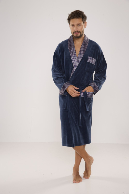 Welurowy długi szlafrok męski De Lafense z satynowym obłożeniem - 773 jeansowy