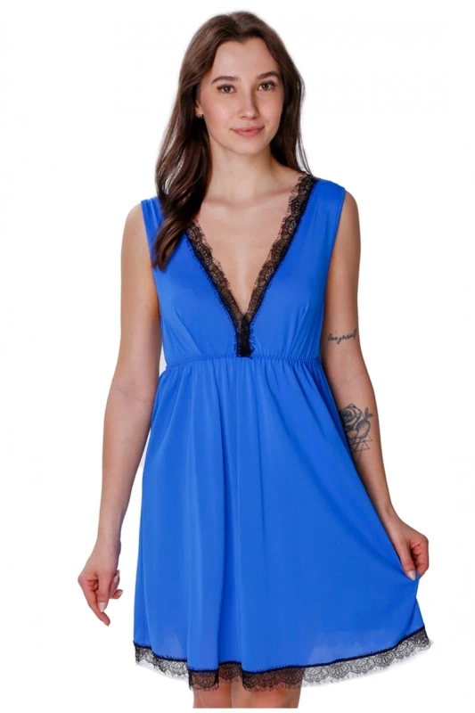 Szafirowa koszula nocna z dodatkiem koronki Mewa 6604 Aveline