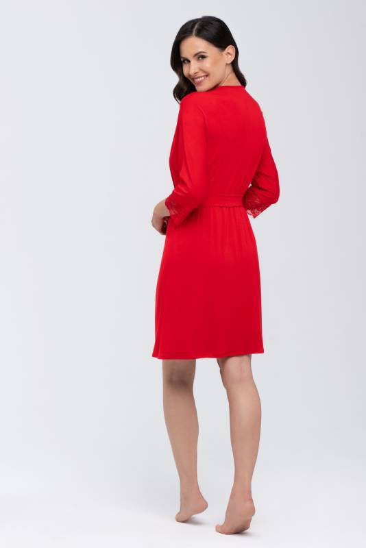 Cienki krótki szlafrok damski z koronką Babella ARLENA czerwony