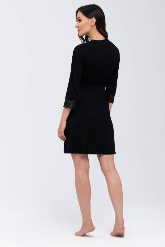 Wiązany czarny szlafrok damski z koronkowym wykończeniem Babella JANE