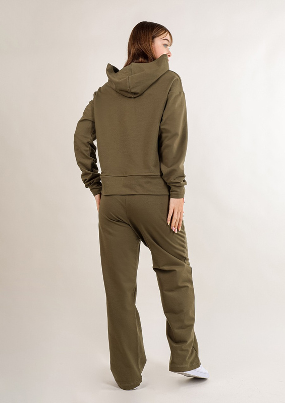 Komplet sportowy bluza z kapturem i "kangurką" oraz szerokie spodnie Dk-k-b8 - khaki bawełna - Dkaren