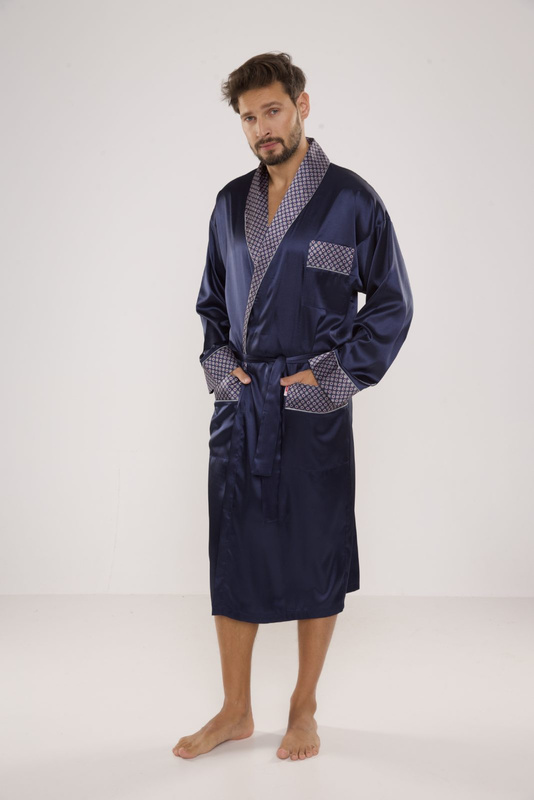 Granatowy satynowy szlafrok męski De Lafense - 940