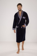 Welurowy długi szlafrok męski De Lafense z satynowym obłożeniem - 773 granatowy