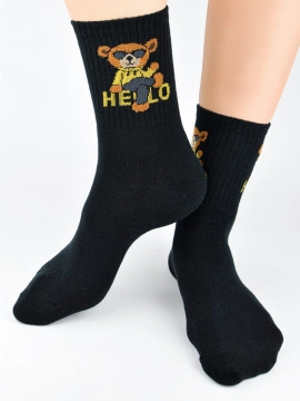 Skarpety damskie bawełniane śmieszny miś czarne SB152 - Noviti