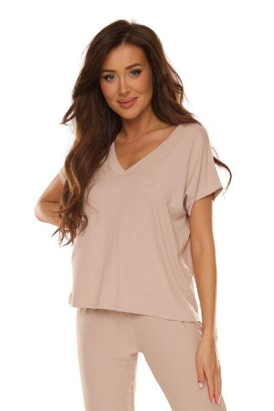 Luźna bluzka damska z dekoltem V De Lafense Vendy 774 w kolorze piaskowym