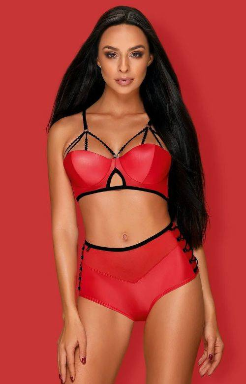 Czerwony "skórzany" biustonosz Leatheria - komplet 2-częściowy z figami