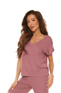 Luźna bluzka damska z dekoltem V De Lafense Vendy 774 w kolorze jagodowym