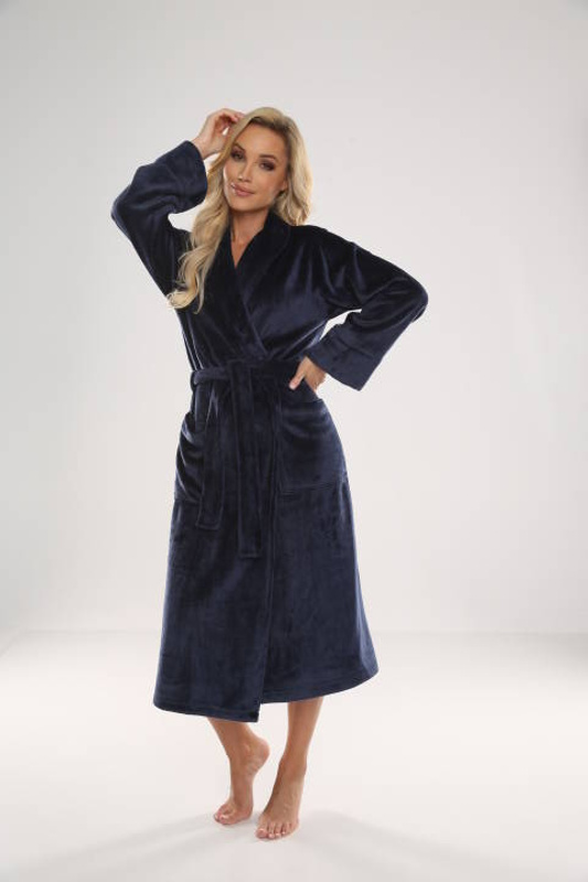 Ciepły długi wiązany szlafrok Abigail De Lafense 628 GRANATOWY