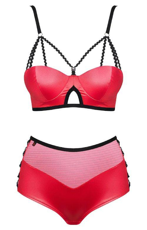 Czerwony "skórzany" biustonosz Leatheria - komplet 2-częściowy z figami