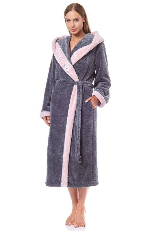 Długi ciemnoszary damski szlafrok L&L 9145 HFT onyx