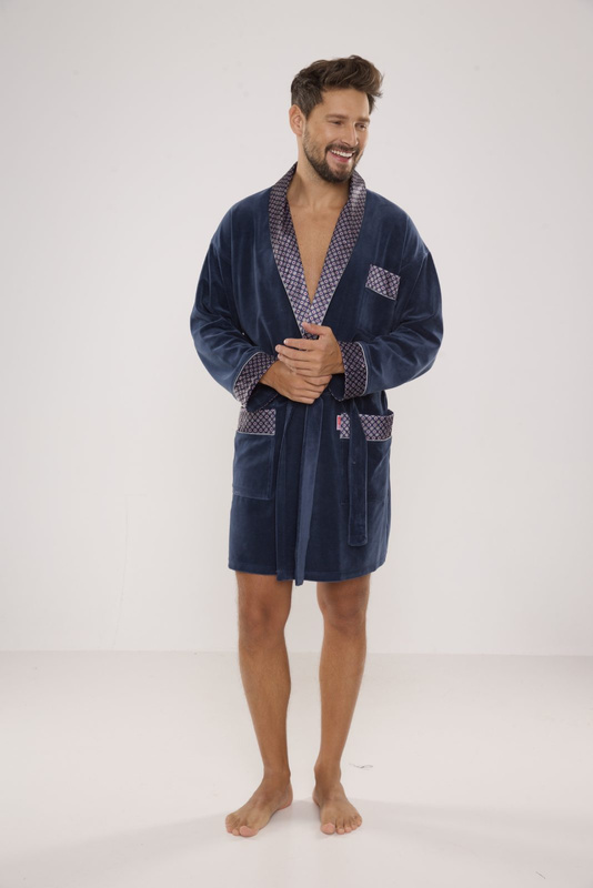 Welurowy, elegancki szlafrok męski De Lafense - 772 z satynowym wykończeniem