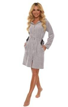 Krótki welurowy szlafrok na zamek i z kapturem De Lafense - 498 Macarena II SZARY