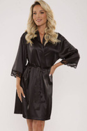 Satynowy czarny szlafrok damski De Lafense 680 Synthia z rękawkiem 7/8