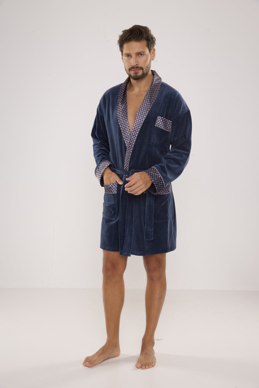 Welurowy, elegancki szlafrok męski De Lafense - 772 z satynowym wykończeniem