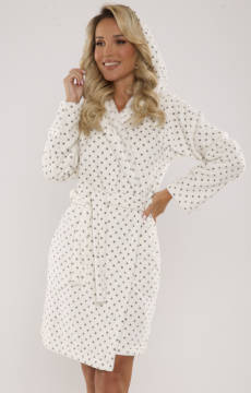 Szlafrok w urocze kropki De Lafense 546  (krótki z kapturem) KREMOWY