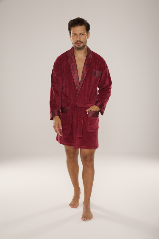 BAWEŁNIANY, elegancki szlafrok męski burgund De Lafense Noble- 866 z satynowym wykończeniem