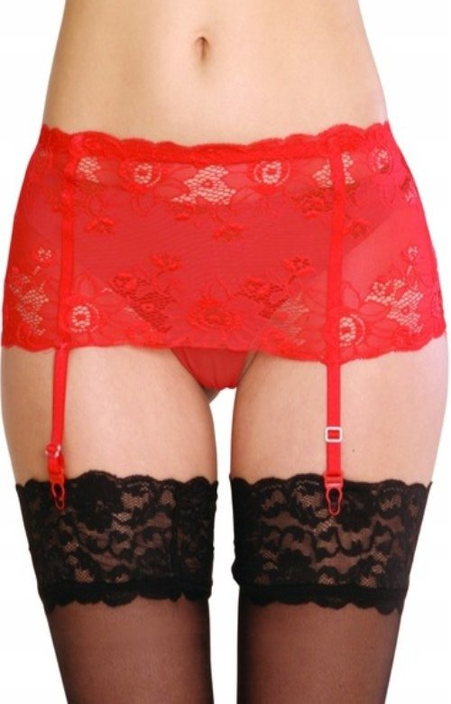 Ozdobny czerwony pas do pończoch De Lafense 945 - Babette z szeroką koronką