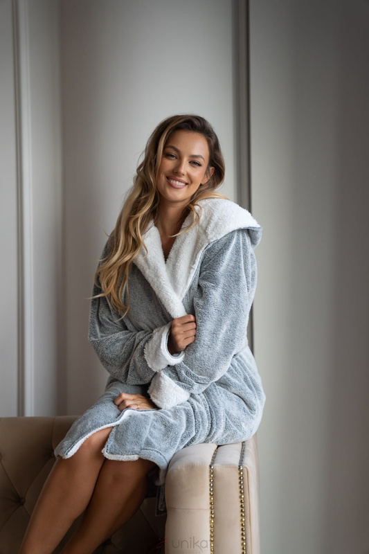 Ciepły szary szlafrok frotte z kapturem Unikat Sharon