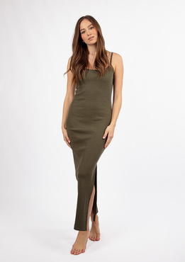Dopasowana sukienka DK-K-P7 - khaki bawełna prążki  - Dkaren