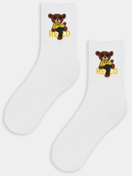 Skarpety damskie bawełniane śmieszny miś białe  SB152 - Noviti