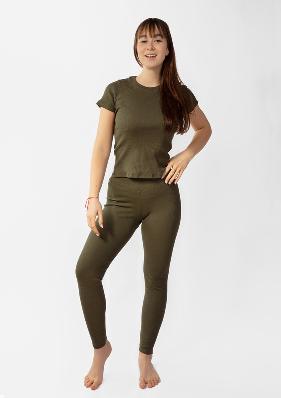 Komplet Halima - khaki bawełna prążki  - Dkaren