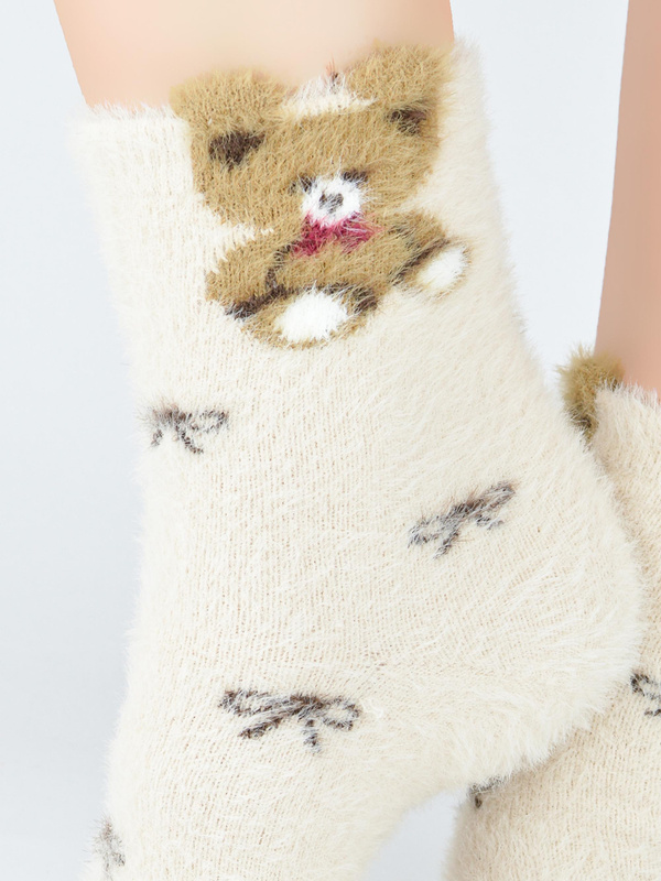 Puchate Skarpetki z misiem i kokardkami SP006 jasny beż - Noviti