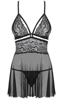 Czarny koronkowy komplet damski luźna koszulka ze stringami Obsessive 838-BAB-1