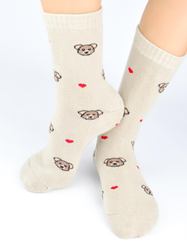 Beżowe skarpetki damskie frotte z misiem  SF029 beżowe - Noviti