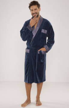 Welurowy długi szlafrok męski De Lafense z satynowym obłożeniem - 773 jeansowy