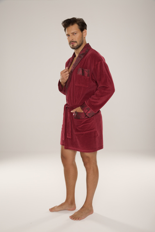 BAWEŁNIANY, elegancki szlafrok męski burgund De Lafense Noble- 866  z satynowym wykończeniem