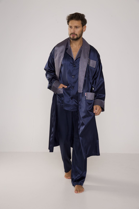 Elegancka satynowa piżama męska De Lafense 939 granatowa