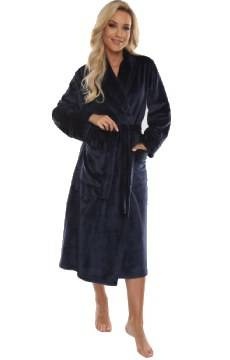 Ciepły długi wiązany szlafrok Abigail De Lafense 628 GRANATOWY