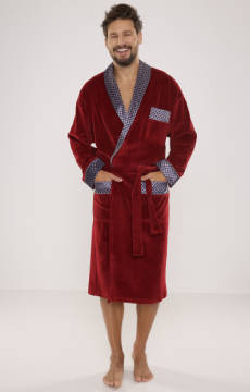 Welurowy długi szlafrok męski De Lafense z satynowym obłożeniem - 773 bordowy