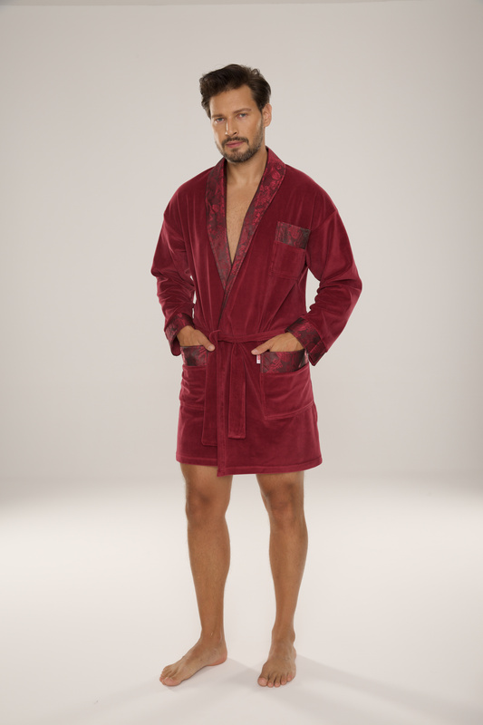 BAWEŁNIANY, elegancki szlafrok męski burgund De Lafense Noble- 866 z satynowym wykończeniem