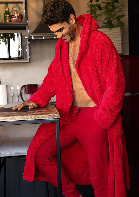Puchaty szlafrok/ podomka męska z kapturem 130 czerwony- Dkaren