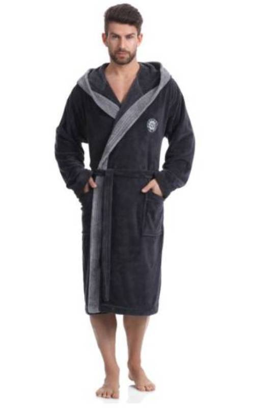 Długi grafitowy szlafrok męski z kapturem L&L George