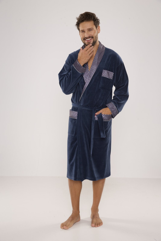 Welurowy długi szlafrok męski De Lafense z satynowym obłożeniem - 773 jeansowy