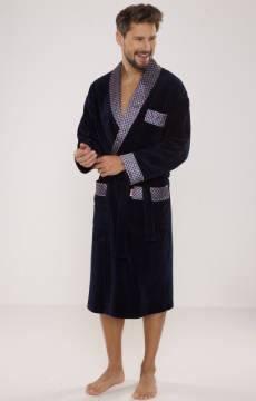 Welurowy długi szlafrok męski De Lafense z satynowym obłożeniem - 773 granatowy