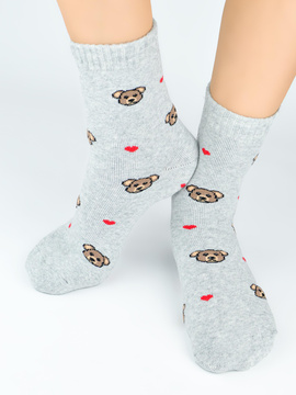 Szare skarpetki damskie frotte z misiem SF029 melanż - Noviti