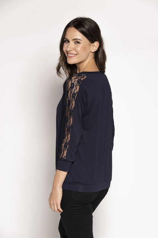 Granatowa bluzka damska z ażurowym ozdobnym rękawem Babell CELINE