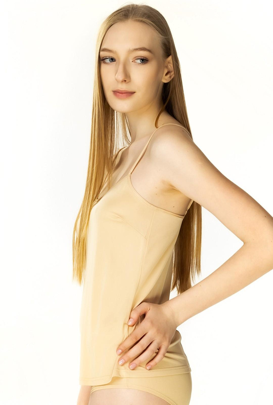 Prosta koszulka damska Ofelia na ramiączkach 6117 beżowy - Mewa