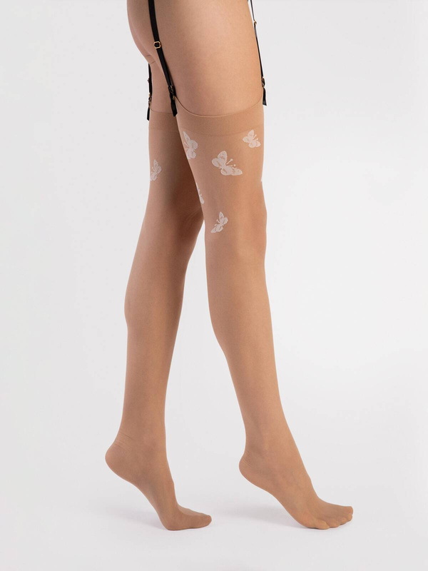 Czarne pończochy do paska ze wzorkiem motyla Fiore FARFALLE