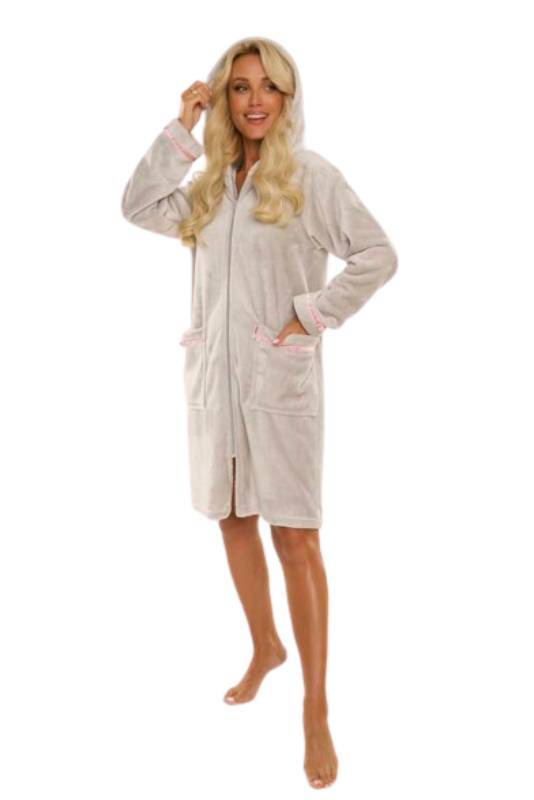 Ciepły szlafrok na zamek, z kapturem De Lafense 726 SERENA w kolorze jasnoszarym