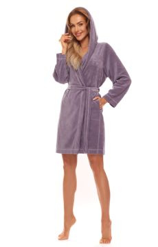 Krótki damski fioletowy szlafrok z kapturem L&L 2301 DAY